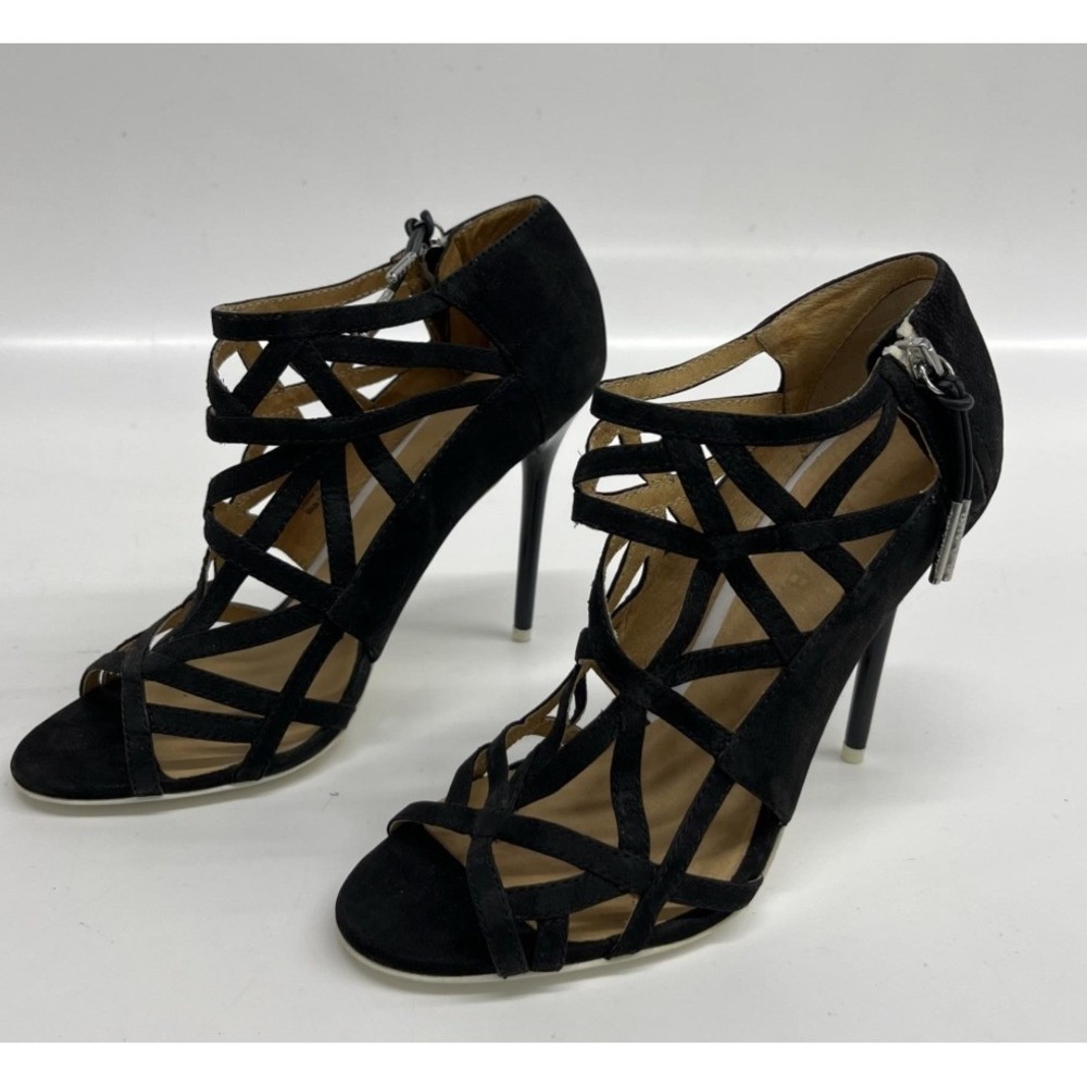 L.A.M.B. Black Suede Cage Stiletto Sandals Shoes Side Zip Heels Women 8M - Picture 3 of 8